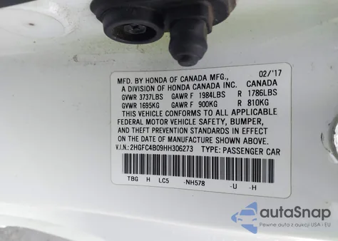 2017 Honda Civic Lx-P z USA, uszkodzony, nr VIN 2HGFC4B09HH306273